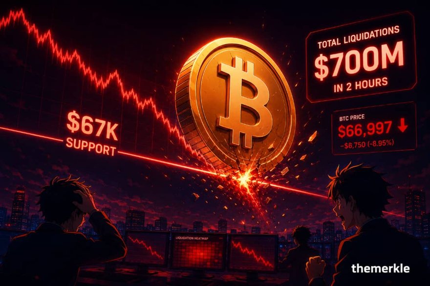 A single bitcoin coin sliding down a steep red waterslide with no water in it.