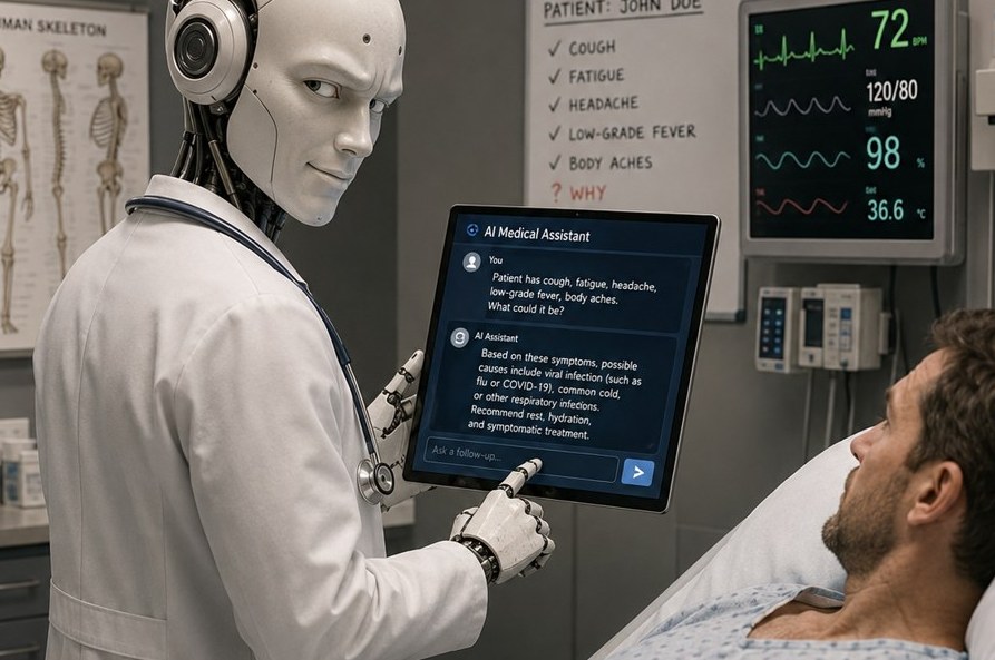 A single robot in a white doctor's coat holding a prescription pad, stethoscope tangled.