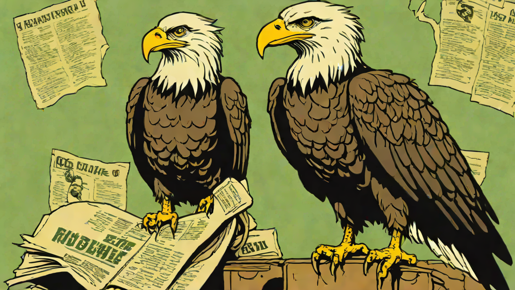 A single bald eagle perched on a humanoid robot's shoulder, wearing a tiny green visor, counting a fan of dollar bills.