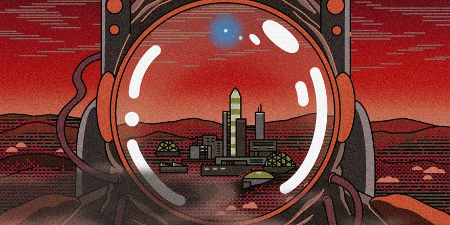 A single tiny astronaut planting a 'BACKUP PLANET' sign in red dirt under a hostile orange sky.