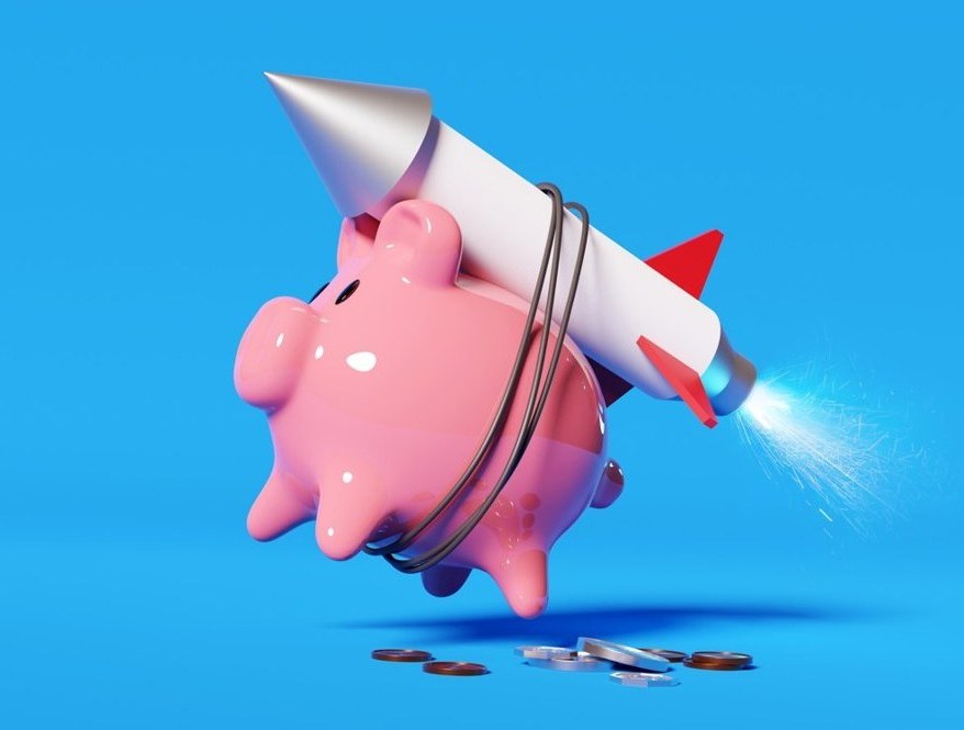 A single astronaut in a business suit floating in space, clutching a single 401(k) statement.