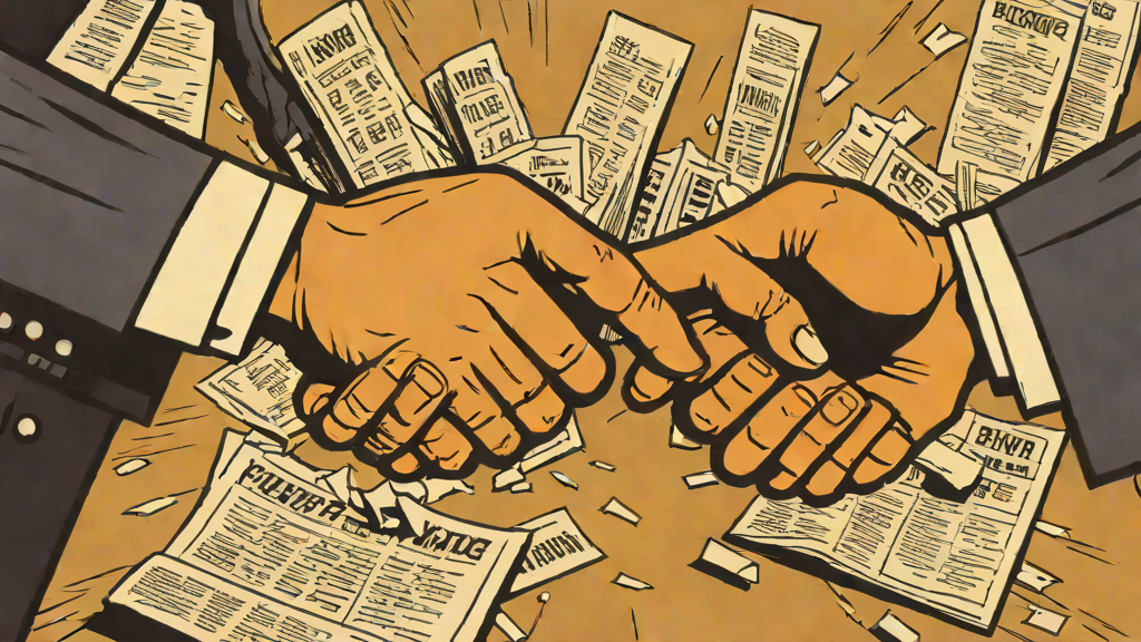 A single business handshake being sliced clean in half by a large pair of scissors, one hand British-flag cuff.