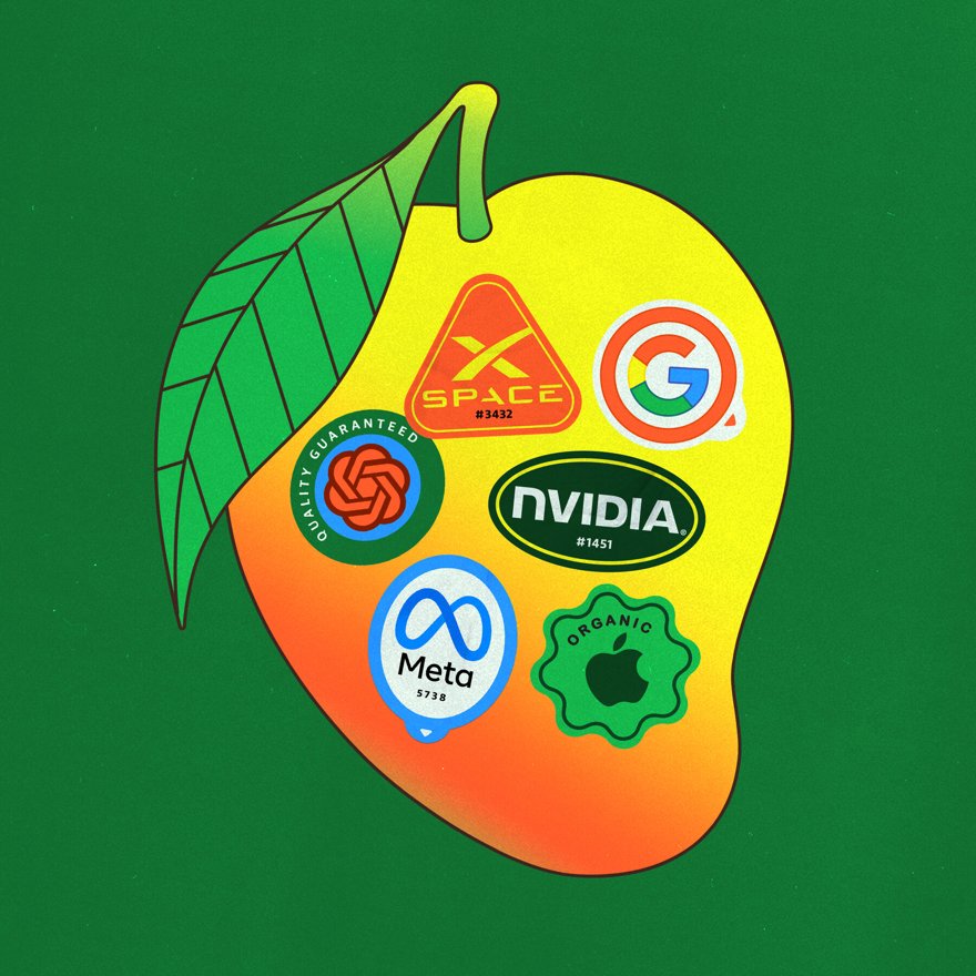A single ripe mango teetering on the edge of a stock-chart cliff