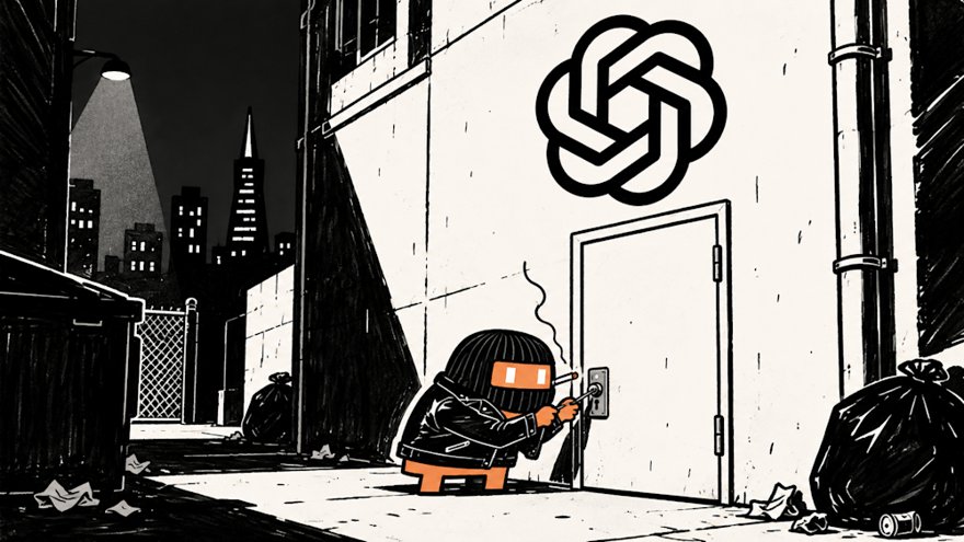 A single lone cartoon robot in a black hoodie sliding a photo under a locked office door labeled with a padlock, the photo glowing green