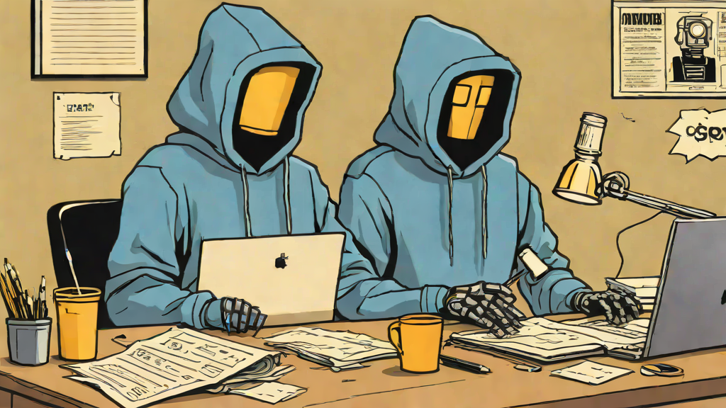 A single lone robot in a Microsoft-blue hoodie sweating at a desk, hovering a finger over a giant red SEND button on a laptop