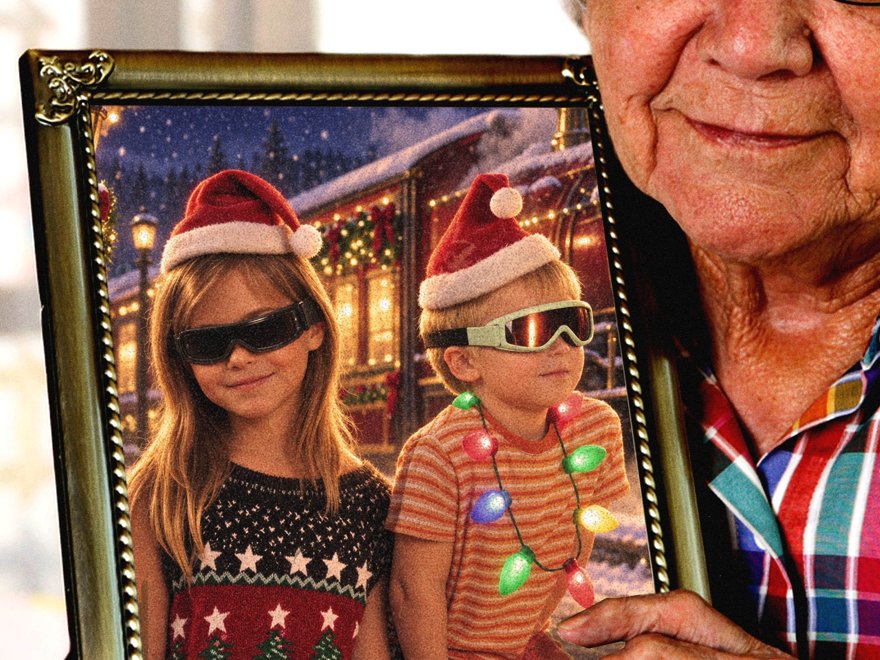 A single lone smiling grandmother in a cardigan holding up a framed, slightly-too-glossy AI portrait of a toddler with unsettlingly perfect eyes.