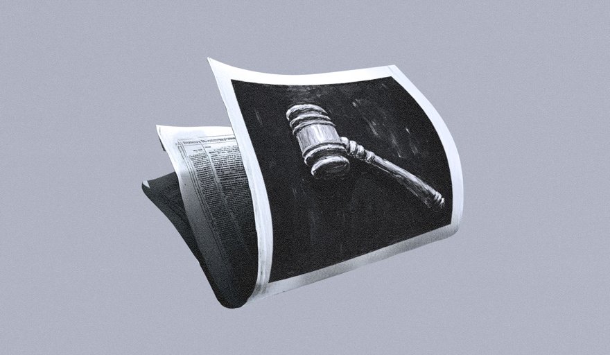 A single lone robot hand slipping a folded newspaper out from under a locked glass paywall, mid-heist.