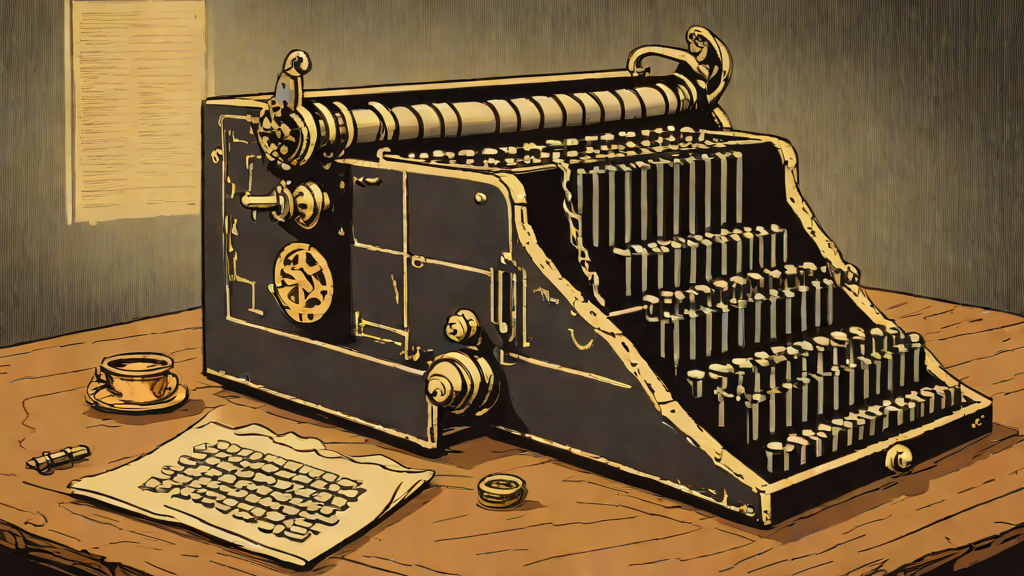 A single dusty Enigma machine alone on a wooden table, its lampboard glowing, one rotor mid-turn with no one touching it.