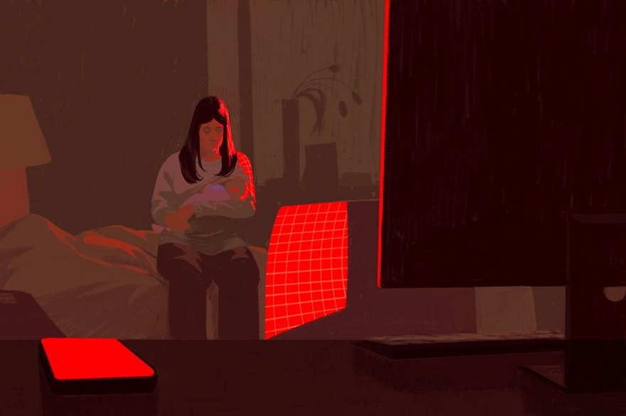 A single glowing smartphone lying beside a lone empty bassinet in a dark nursery, screen lighting the ceiling.