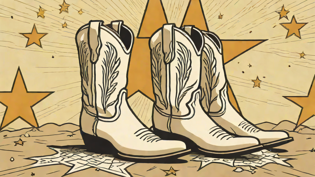 A single lone pair of white cowboy boots standing on the star at midfield of an empty stadium at golden hour.