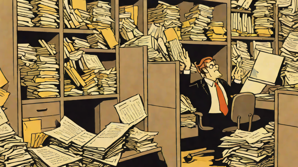 A single lone office worker in a cubicle catching a giant overflowing stack of paper that's sparking like a lit grenade.