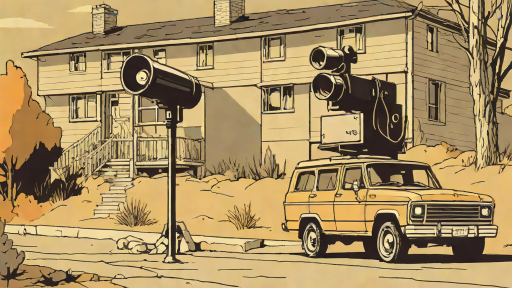 A lone SUV parked in a driveway with a giant spy-camera lens for a headlight, peering at the viewer.