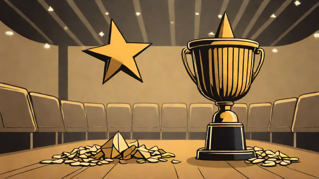 A single lone movie-star trophy sitting alone in an empty theater with a bucket of untouched popcorn.