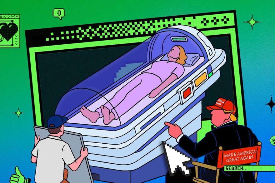 A lone glowing sci-fi hospital bed with a price tag dangling off it, sitting in an empty parking lot.
